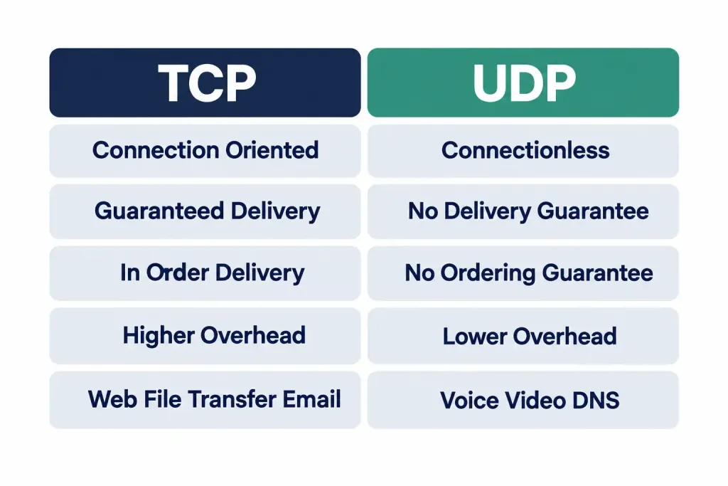 Tcp Vs Udp: The Reliability-Speed Trade-Off Every Application Makes 3 Five-Row Comparison Table Of Tcp And Udp Covering Connection Type, Reliability, Ordering, Overhead, And Typical Use Cases