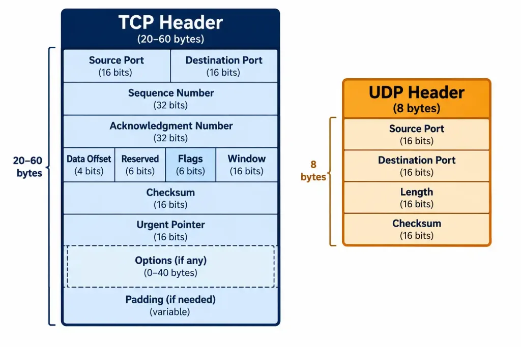 Lesson 1.4.2 — Tcp Vs. Udp And Transport Characteristics 3 Diagram Comparing The Size And Fields Of Tcp And Udp Headers