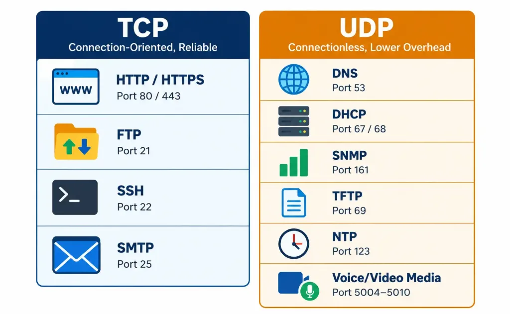 Lesson 1.4.2 — Tcp Vs. Udp And Transport Characteristics 4 Diagram Showing Which Common Protocols Use Tcp Versus Udp
