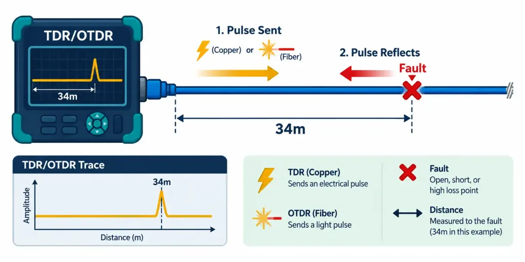 Lesson 5.5.2 — Hardware Troubleshooting Tools 3 Diagram Showing A Tdr Or Otdr Sending A Pulse Down A Cable And Measuring Reflection Timing To Locate A Fault By Distance