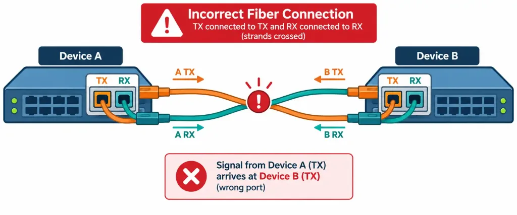 Lesson 5.2.1 — Cabling Issues &Amp; Signal Problems 4 Diagram Showing Fiber Transmit And Receive Strands Incorrectly Crossed Between Two Connected Devices
