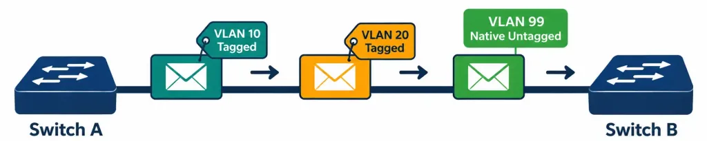 Configuring And Verifying Interswitch Connectivity: Trunking 3 Diagram Showing Multiple Vlans' Traffic On A Trunk Link, With Most Frames Tagged And The Native Vlan'S Frames Traveling Untagged