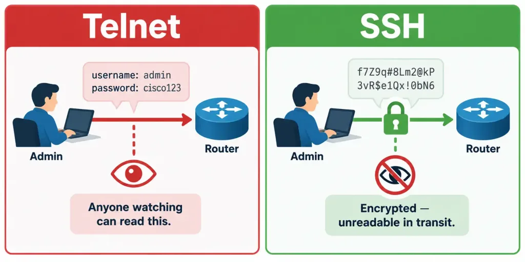 Configure Network Devices For Remote Access Using Ssh 2 Comparison Diagram Showing Telnet Transmitting Credentials In Plaintext Versus Ssh Encrypting The Session