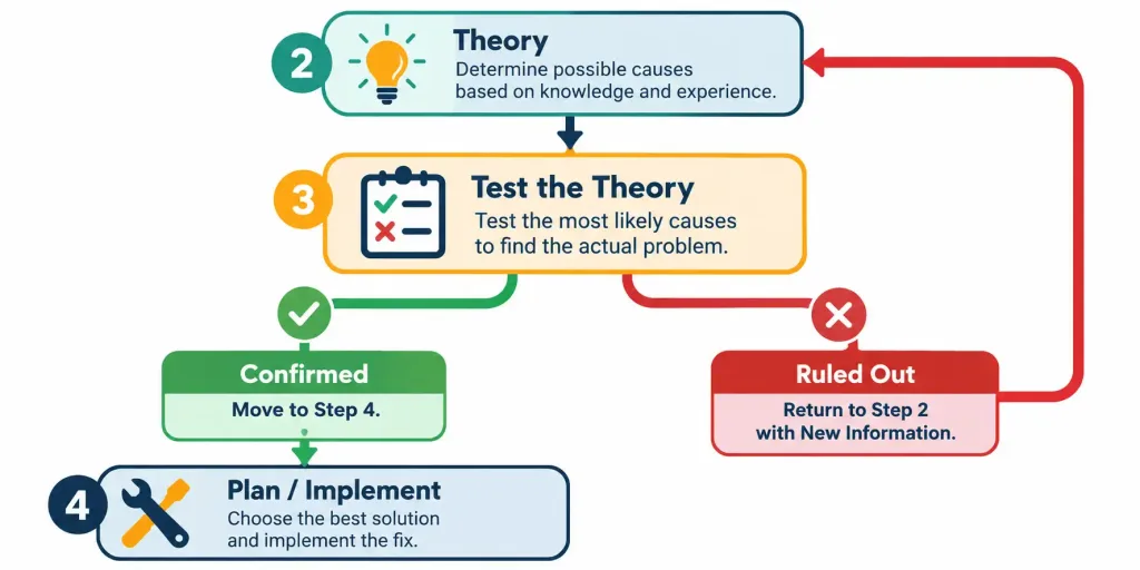 Lesson 1.4 — The Troubleshooting Methodology 3 Diagram Showing A Theory Test Branching Into A Confirmed Path Moving Forward Or A Ruled-Out Path Looping Back To Form A New Theory