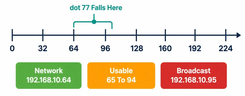 Configuring And Verifying Ipv4 Addressing And Subnetting 3 Diagram Showing Subnet Block Boundaries On A Number Line, With The Network, Usable Range, And Broadcast Address For 192.168.10.77/27 Identified