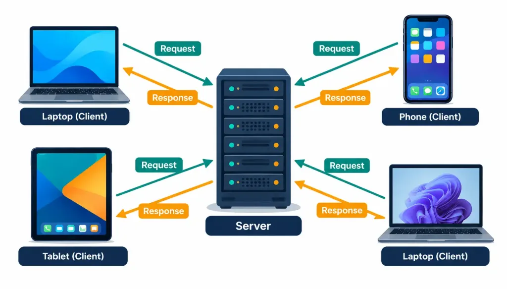 Lesson 2.1 — Common Computing Devices And Their Purposes 3 Diagram Showing Multiple Client Devices Sending Requests To A Central Server And Receiving Responses Back