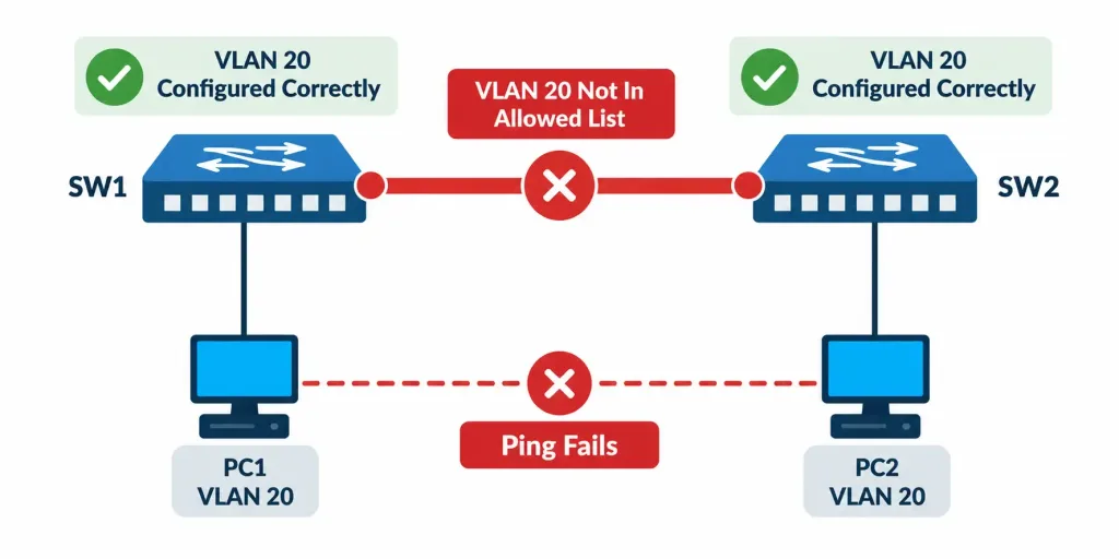 Configuring And Verifying Vlans Spanning Multiple Switches 5 Diagram Showing Both Switches Correctly Configured With Vlan 20 Individually, But The Trunk Link Not Permitting Vlan 20, Causing Connectivity To Fail