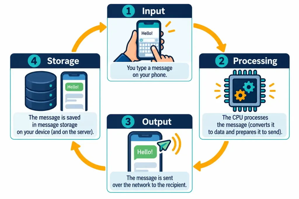 Lesson 1.2 — The Basics Of Computing 6 Diagram Showing A Circular Flow Of Input, Processing, Output, And Storage Using A Send-A-Message Example