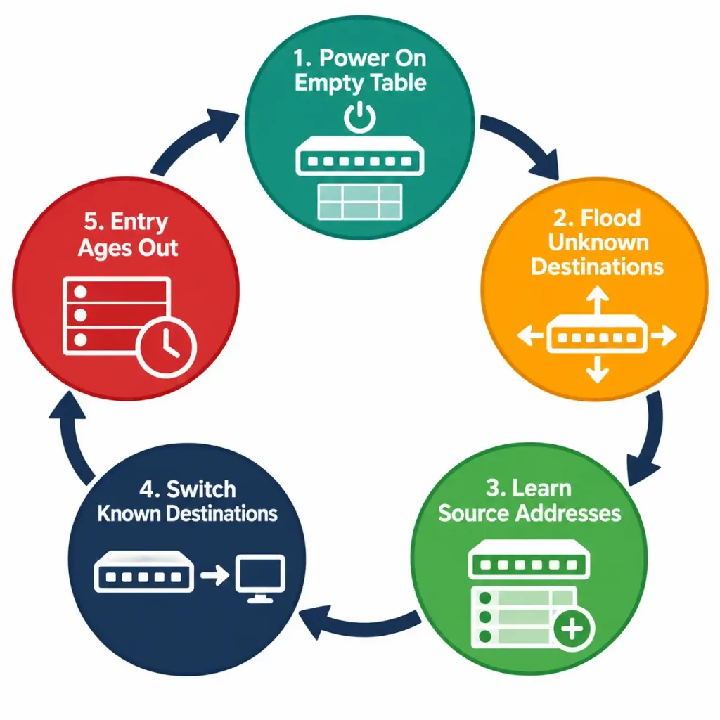 Switching Concepts: Mac Learning, Aging, Switching, And Flooding 7 Circular Diagram Showing The Full Switch Learning Lifecycle From Power-On Through Flooding, Learning, Switching, And Aging Back To Flooding
