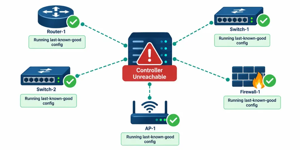 Compare Traditional Networks With Controller-Based Networking 5 Diagram Showing Devices Continuing To Operate On Their Last-Known-Good Configuration During A Controller Outage