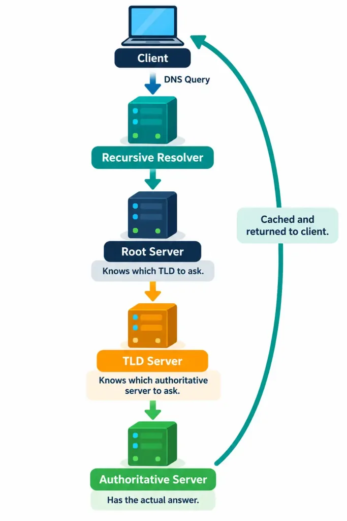 Explain The Role Of Dhcp And Dns Within The Network 4 Diagram Showing A Dns Query Traveling From A Client Through A Recursive Resolver, Root Server, Tld Server, And Authoritative Server
