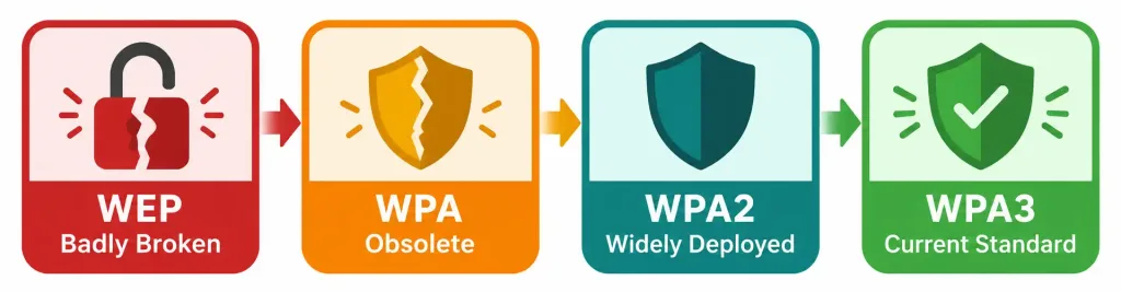 Describe Wireless Security Protocols 2 Timeline Diagram Showing The Progression From Wep Through Wpa, Wpa2, To Wpa3