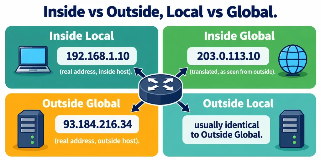 Configure And Verify Inside Source Nat: Static And Pools 2 Grid Diagram Explaining Inside Local, Inside Global, Outside Local, And Outside Global Nat Address Terminology