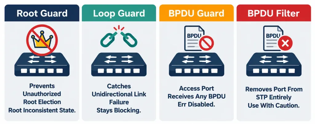 Interpreting Basic Operations Of Rapid Pvst+ Spanning Tree Protocol 5 Table Comparing Root Guard, Loop Guard, Bpdu Guard, And Bpdu Filter, Showing What Each Protects Against And How It Responds