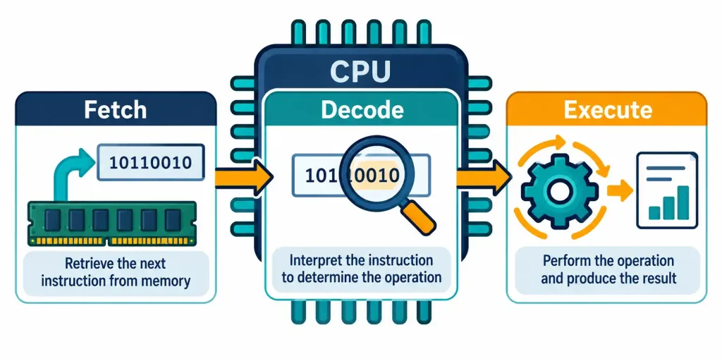 Lesson 1.2 — The Basics Of Computing 3 Diagram Showing The Cpu'S Fetch, Decode, And Execute Steps Flowing Left To Right Inside A Simplified Chip