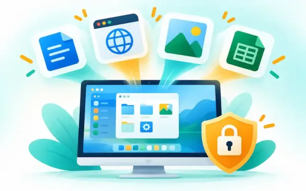 Illustration Of Application Icons Floating Above A Computer Screen With A Security Shield Representing Licensed Software