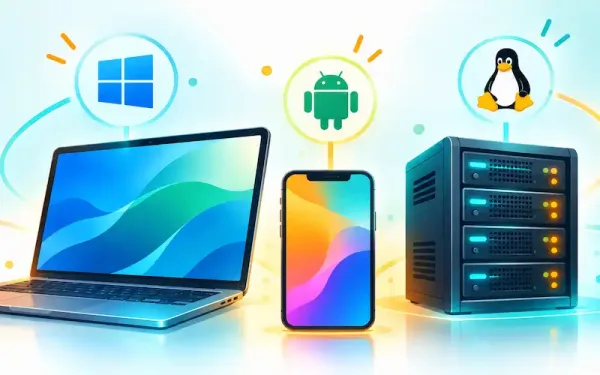 Illustration Of A Laptop, Smartphone, And Server Representing Desktop, Mobile, And Server Operating Systems