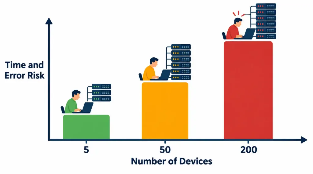 Explain How Automation Impacts Network Management 2 Bar Chart Showing Time And Error Risk Increasing As The Number Of Manually Configured Devices Grows