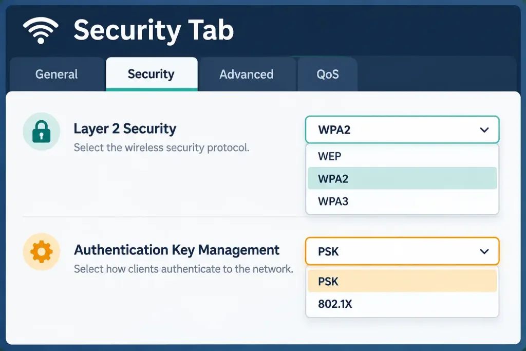 Configure Wlan Using Wpa2 Psk (Gui) 3 Mockup Of A Wlan Security Tab Showing Separate Layer 2 Security And Authentication Key Management Dropdowns