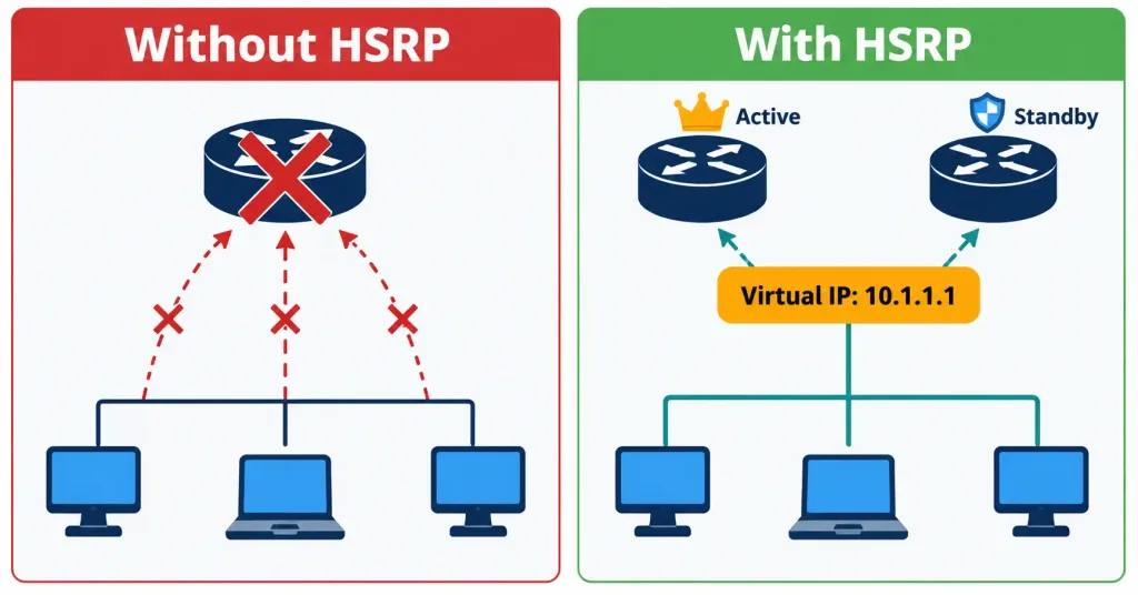 Describe The Purpose Of First-Hop Redundancy Protocols (Hsrp) 2 Comparison Diagram Showing Hosts Losing Gateway Access Without Hsrp Versus Maintaining Access Through A Shared Virtual Gateway With Hsrp