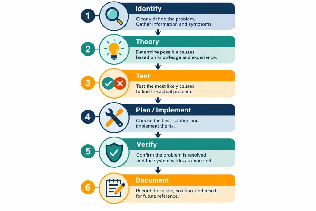 Lesson 1.4 — The Troubleshooting Methodology 2 Diagram Showing The Six Troubleshooting Steps In Order: Identify, Theory, Test, Plan And Implement, Verify, And Document