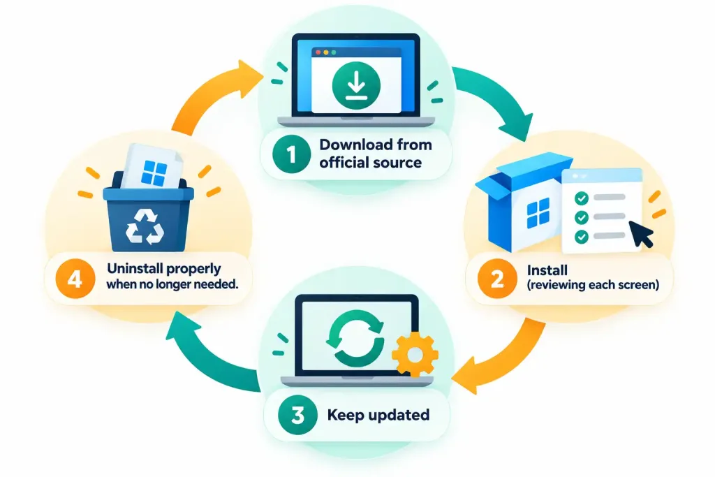 Lesson 3.3: The Purpose And Proper Use Of Software 6 Cycle Diagram Showing The Stages Of Responsibly Downloading, Installing, Updating, And Uninstalling Software