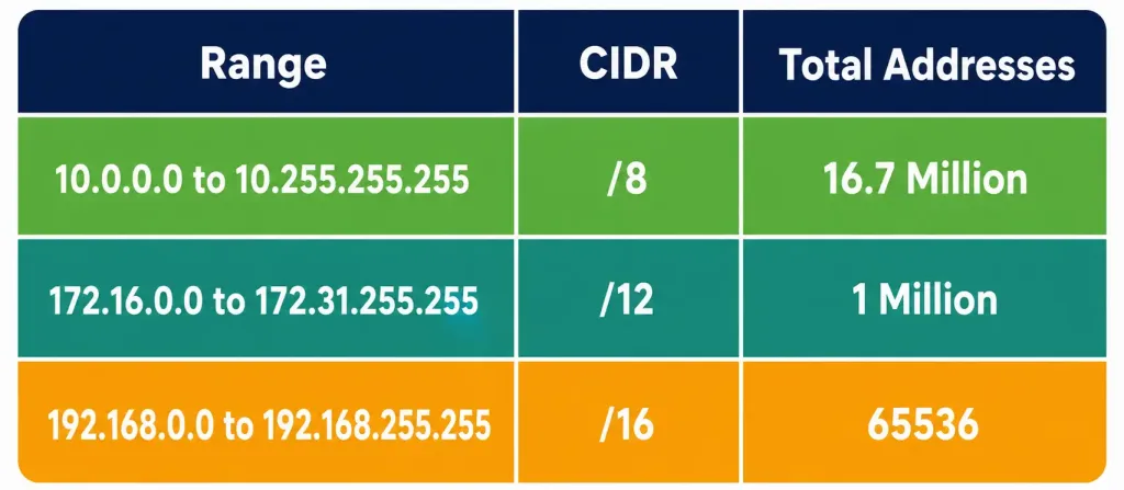 Private Ipv4 Addressing: Why Rfc 1918 Exists And How It Actually Works 2 Table Showing The Three Rfc 1918 Private Ipv4 Address Ranges, Their Cidr Notation, And Total Address Counts