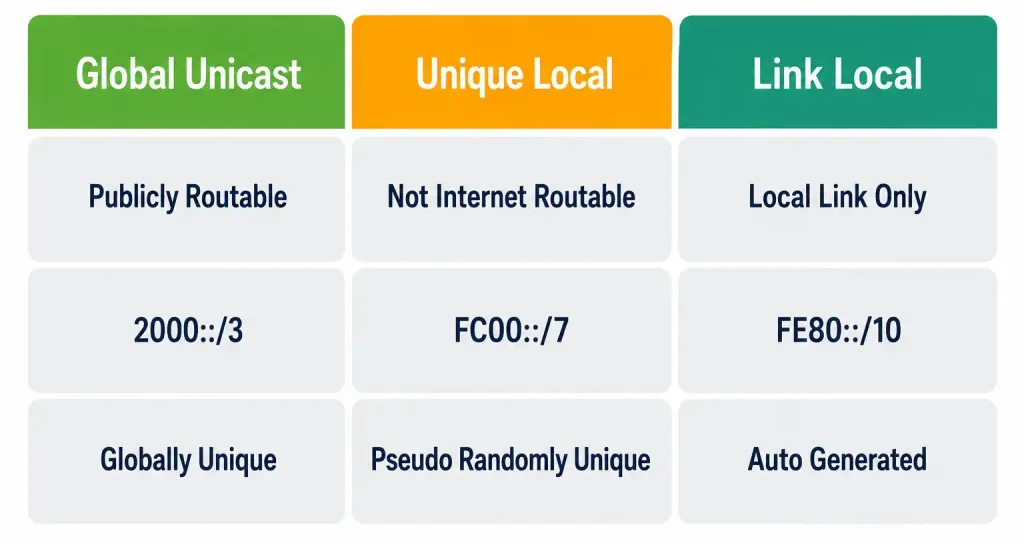 Comparing Ipv6 Address Types: Unicast, Anycast, And Multicast 3 Three-Column Comparison Of Global Unicast, Unique Local, And Link-Local Ipv6 Address Types By Routability, Prefix Block, And Uniqueness Model