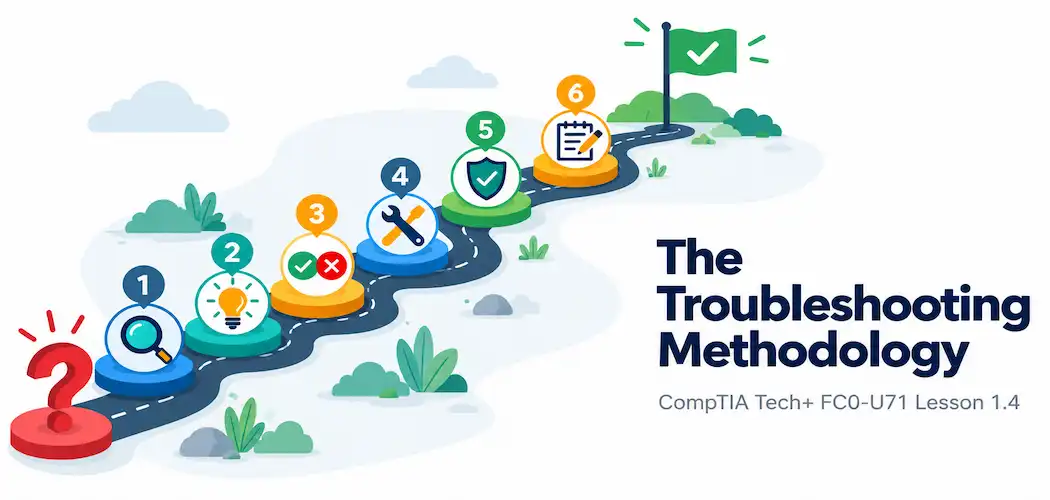 Lesson 1.4 — The Troubleshooting Methodology 1 Illustration Of Six Numbered Stepping Stones Leading From A Question Mark To A Checkmark Flag