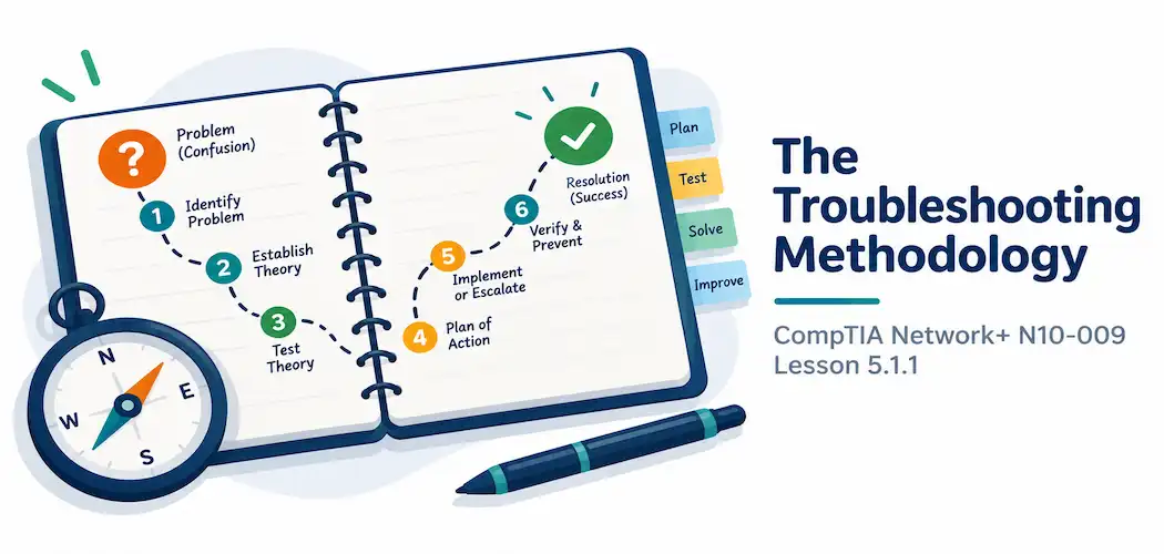 Lesson 5.1.1 — The Troubleshooting Methodology 1 Illustration Of A Compass On A Notebook With A Numbered Path From A Question Mark To A Checkmark