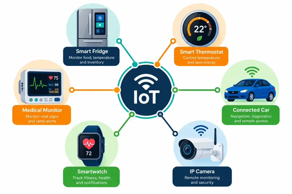 Lesson 2.1 — Common Computing Devices And Their Purposes 5 Diagram Showing A Central Iot Hub Connected To A Smart Fridge, Thermostat, Car, Camera, Smartwatch, And Medical Monitor