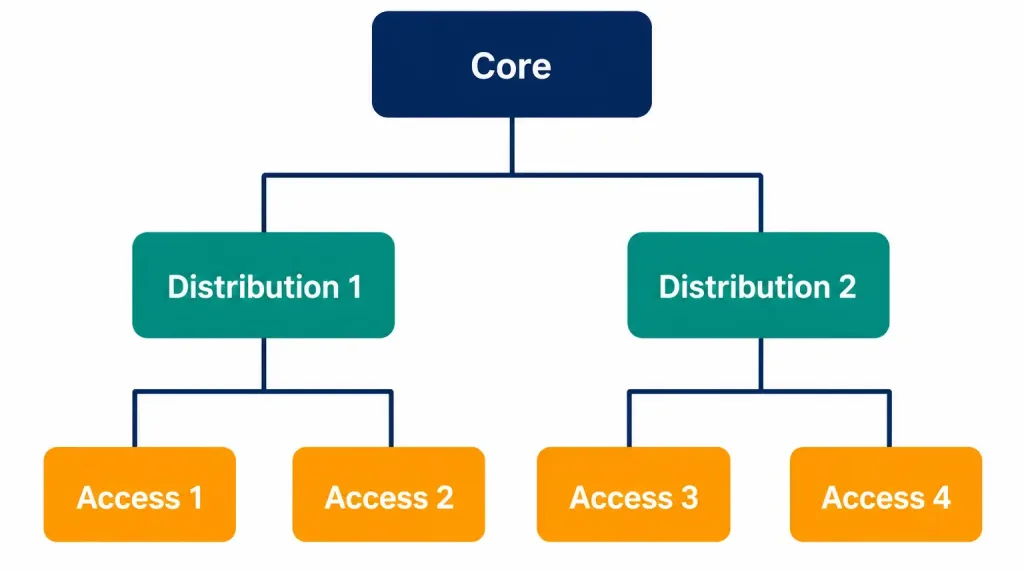 Network Topology Architectures: Two-Tier, Three-Tier, Spine-Leaf, And Beyond 2 Diagram Of A Three-Tier Network Showing Core, Distribution, And Access Layers Connected In A Hierarchy
