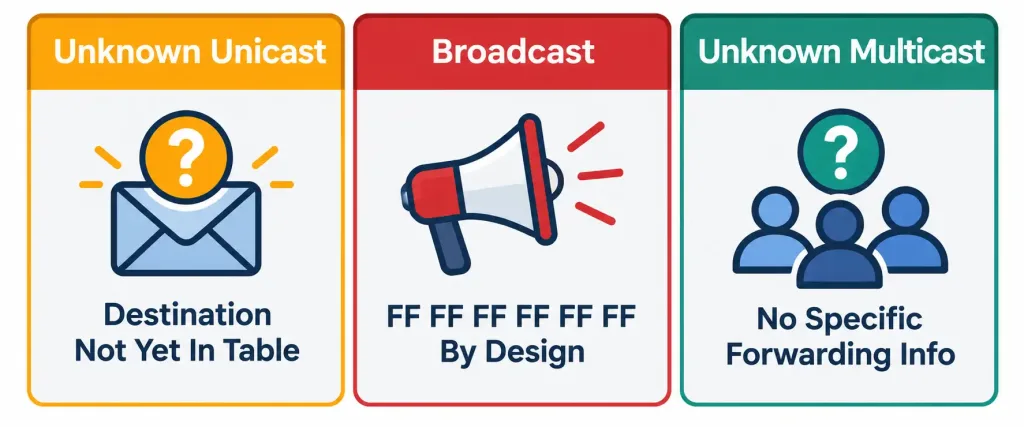 Switching Concepts: Mac Learning, Aging, Switching, And Flooding 4 Infographic Showing The Three Triggers For Frame Flooding: Unknown Unicast, Broadcast, And Unknown Multicast