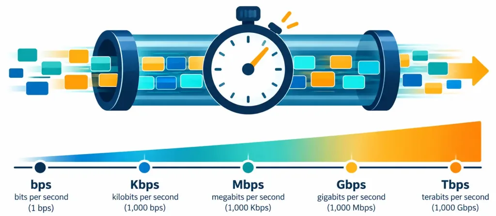 Lesson 1.3 — Units Of Measure 4 Diagram Showing Data Flowing Through A Pipe Over Time, Illustrating Bps Through Tbps As A Rate Rather Than A Stored Amount