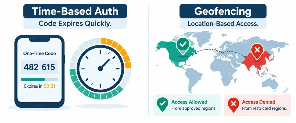 Lesson 4.1.3 — Authentication, Authorization &Amp; Identity Management 4 Diagram Showing A Time-Limited One-Time Code Alongside A World Map Highlighting Approved And Disallowed Login Regions