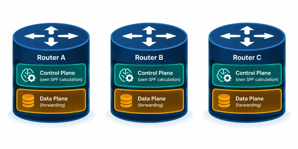 Describe Controller-Based And Software-Defined Architectures 4 Diagram Showing Three Routers Each Independently Running Their Own Control Plane And Data Plane With No Central Coordination
