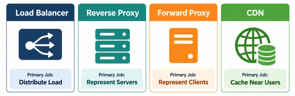 Lesson 1.2.3 — Traffic Management Appliances 5 Diagram Comparing Load Balancer, Reverse Proxy, Forward Proxy, And Cdn Functions