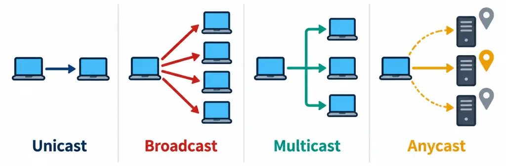 Lesson 1.4.3 — Traffic Types: Unicast, Multicast, Anycast, Broadcast 5 Diagram Comparing Unicast, Broadcast, Multicast, And Anycast Traffic Patterns
