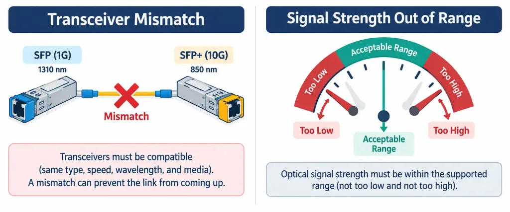 Lesson 5.2.2 — Interface, Poe &Amp; Transceiver Issues 4 Diagram Showing Mismatched Transceiver Types On A Fiber Link Alongside A Signal Strength Meter Showing An Out-Of-Range Optical Power Reading