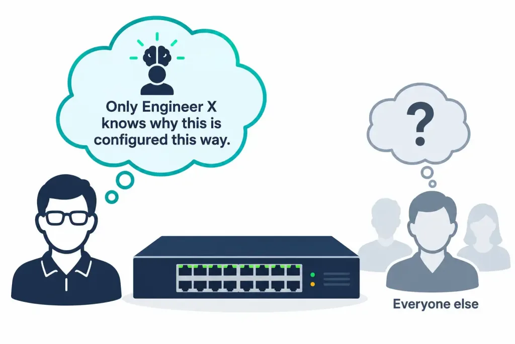 Compare Traditional Campus Device Management With Cisco Dna Center–Enabled Device Management 2 Diagram Showing A Device Configuration Understood Only By One Specific Engineer, With No Documentation For Anyone Else
