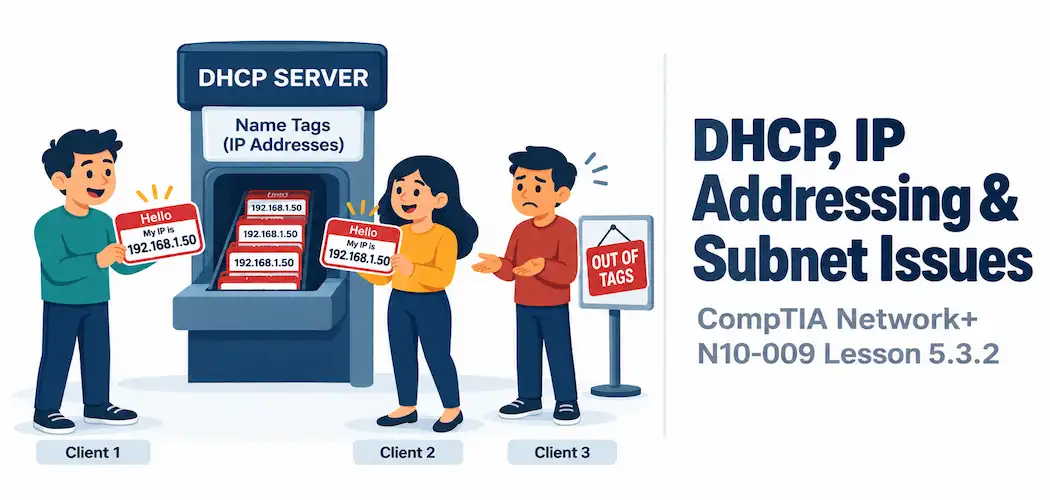 Lesson 5.3.2 — Troubleshooting Dhcp, Ip Addressing &Amp; Subnet Issues 1 Illustration Of A Name-Tag Dispenser Giving Identical Tags To Two People While A Third Waits Empty-Handed