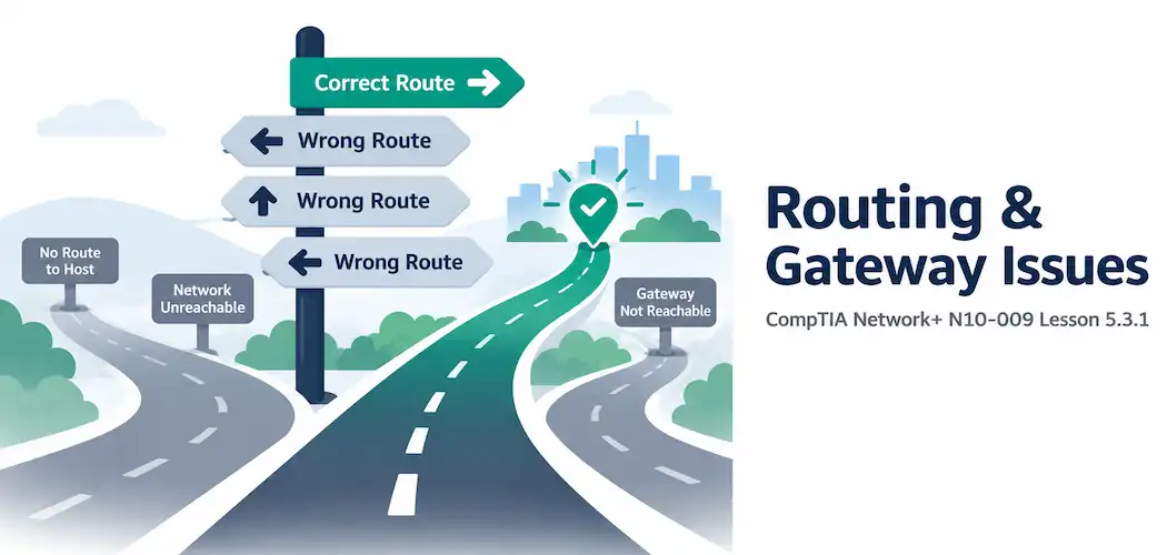 Lesson 5.3.1 — Troubleshooting Routing &Amp; Gateway Issues 1 Illustration Of A Signpost At A Fork In The Road With One Path Highlighted As The Correct Route