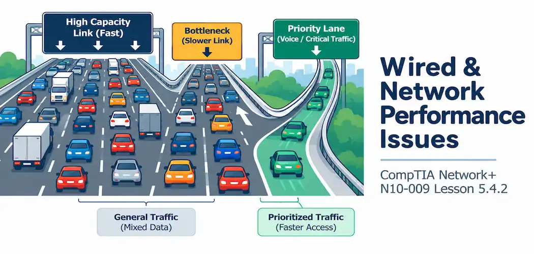 Lesson 5.4.2 — Troubleshooting Wired &Amp; Network Performance Issues 1 Illustration Of A Highway Narrowing To One Lane Alongside A Dedicated Fast Lane Merging Ahead Of Traffic