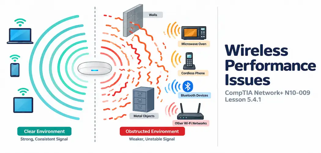 Lesson 5.4.1 — Troubleshooting Wireless Performance Issues 1 Illustration Of Clean Wireless Waves On One Side And Choppy, Obstructed Waves On The Other