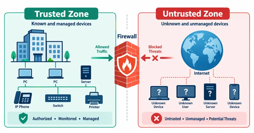 Lesson 4.3.2 — Security Rules &Amp; Zones: Acls, Filtering &Amp; The Screened Subnet 3 Diagram Comparing A Trusted Internal Zone With Managed Devices Against An Untrusted External Zone With Unknown Devices, Separated By A Firewall