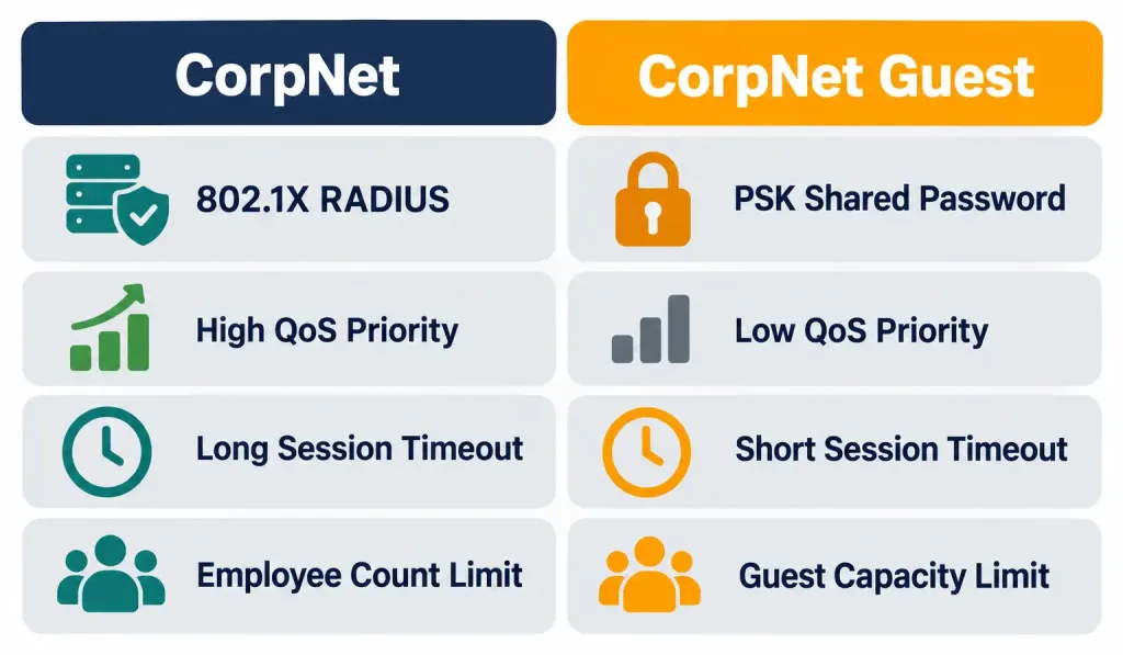 Configuring Wlan Components For Client Connectivity (Gui) 6 Side-By-Side Comparison Of A Corporate Wlan And A Guest Wlan Configuration Across Security, Qos, Timeout, And Client Limit Settings