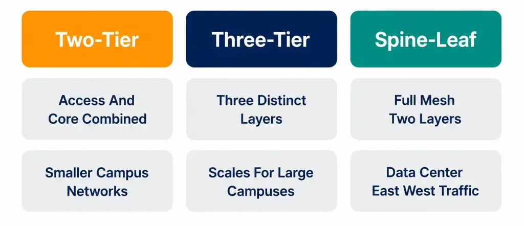 Network Topology Architectures: Two-Tier, Three-Tier, Spine-Leaf, And Beyond 4 Three-Column Comparison Of Two-Tier, Three-Tier, And Spine-Leaf Network Architectures
