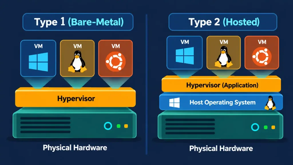Lesson 2.6: Virtualization And Cloud Technologies 3 Stacked Diagram Comparing A Type 1 Bare-Metal Hypervisor To A Type 2 Hosted Hypervisor
