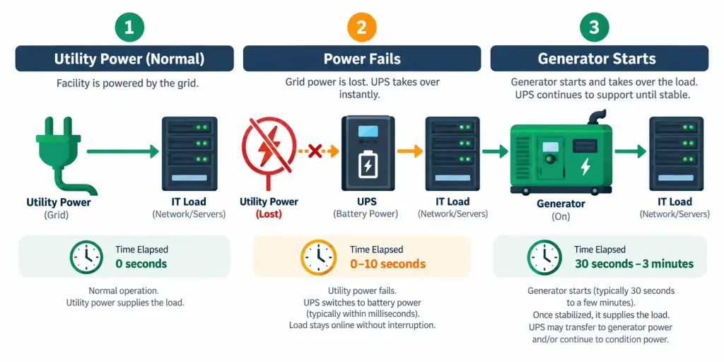 Lesson 2.4.2 — Power And Environmental Factors 2 Diagram Showing A Ups Bridging The Gap Between Utility Power Failure And Generator Startup