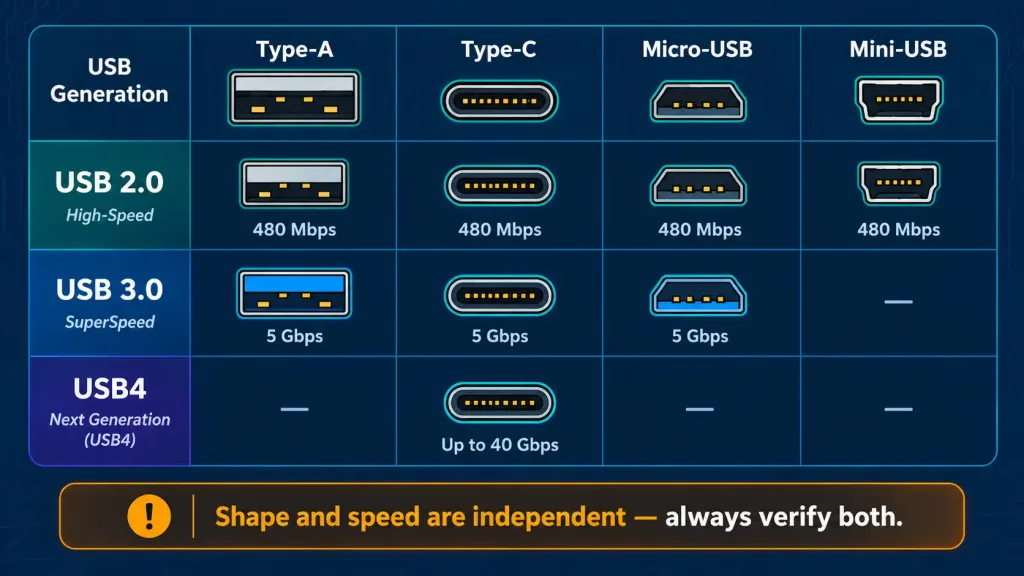 Lesson 2.4: Installing And Configuring Peripheral Devices 3 Grid Comparing Usb Connector Shapes Like Type-A And Type-C Against Usb Generations Like 2.0 And Usb4